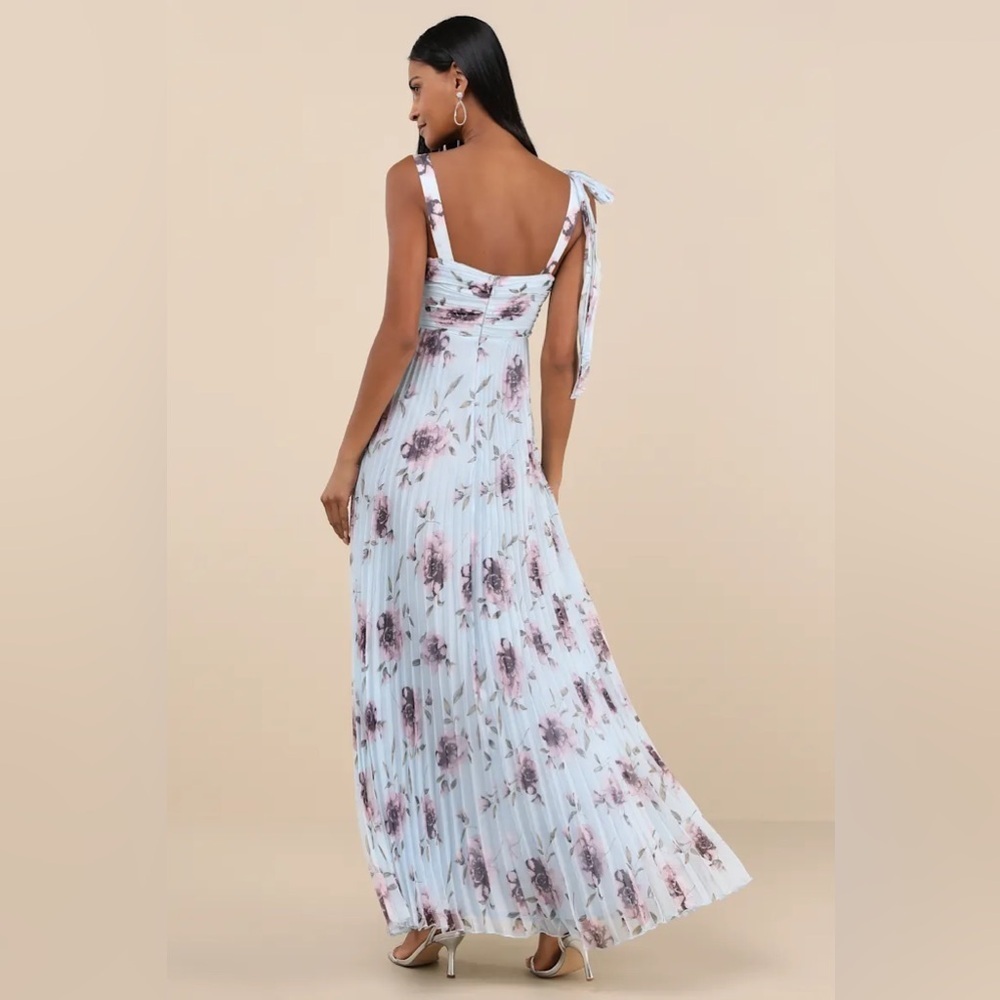 Lulus Gorgeous Purpose Blue Floral Pleated Sleeveless Bow Maxi Dress - Picture 3 of 8